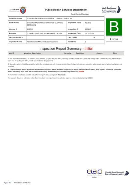 Dubai Municipality public health pest control inspection report for Star Al Madina