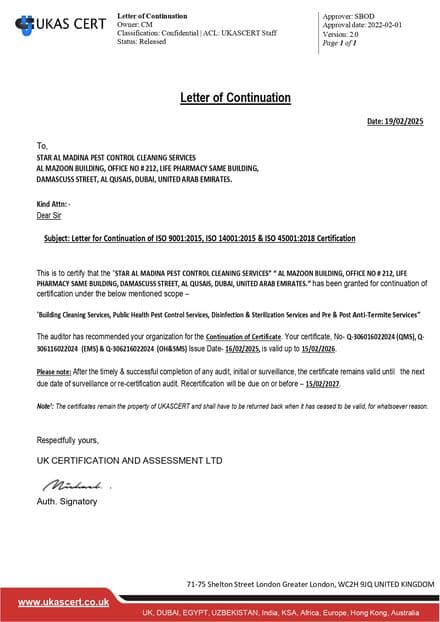 Letter of continuation confirming Star Al Madina ISO certifications remain in force