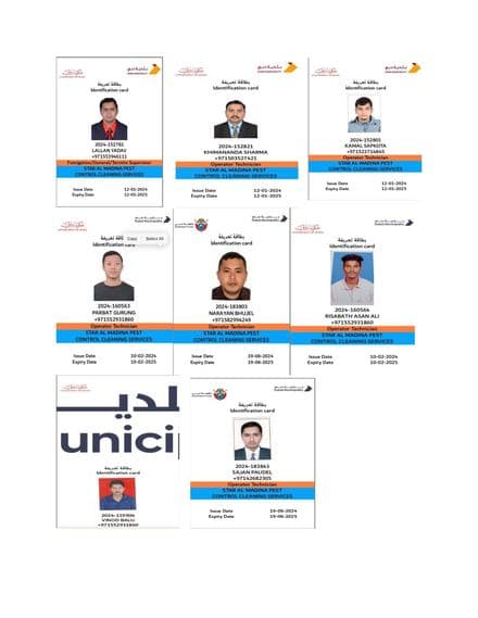 Dubai Municipality pest control operator identification cards for Star Al Madina technicians