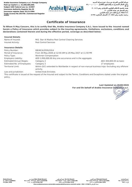 Arabia Insurance workmen's compensation certificate of insurance naming Star Al Madina as the insured