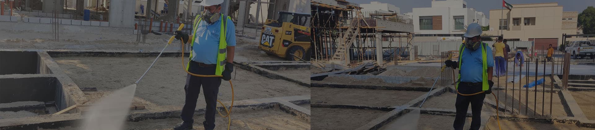 Pest control technician working across an active Dubai construction site