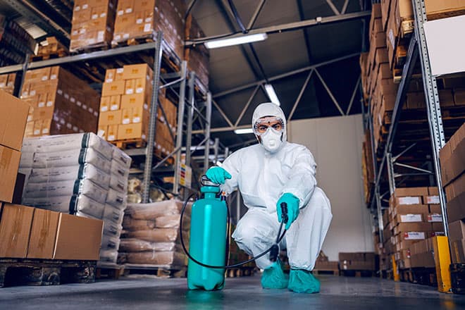 Warehouse interior being prepared for a whole-space fumigation